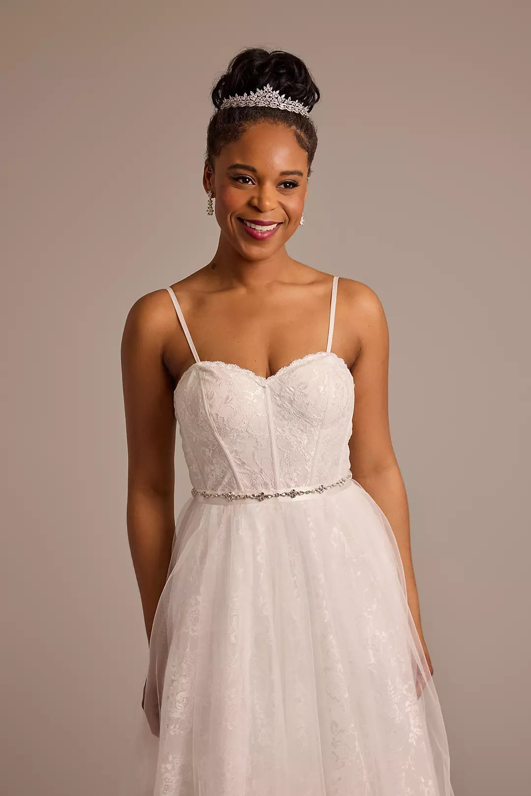 Fairytale Tulle A-Line Strapless Lace-Embellished Bow-Back Pocketed Wedding Dress