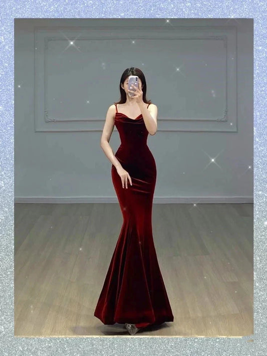 Fancy Mermaid Spaghetti Straps Velvet Burgundy Formal Prom Gown Summer Wedding Guest Dress Bridal Guest Dresses Wedding Outfits For Guest simple gentle atmospheric and unique desi Bring summer colors to enhance whiteness by YiHuiw