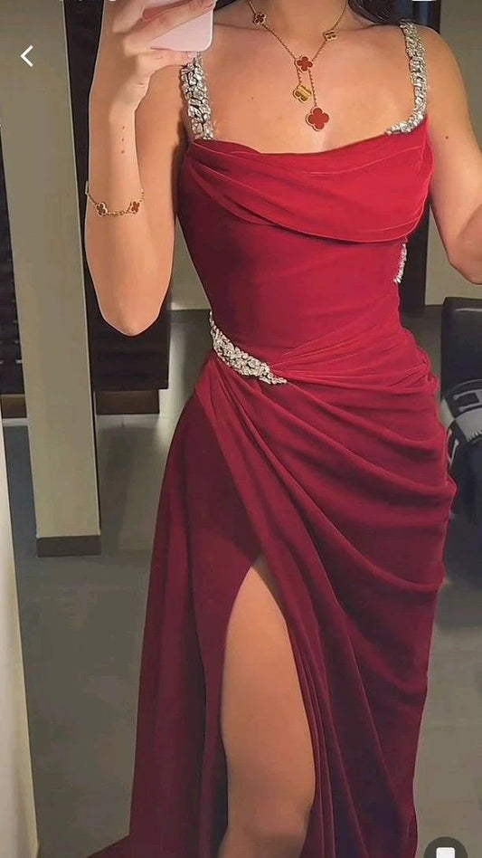 Fancy Mermaid Straps Wine Red Long Split Evening Dress Party Gowns Evening Special Formal Dresses Prom Dress by YiHuiw