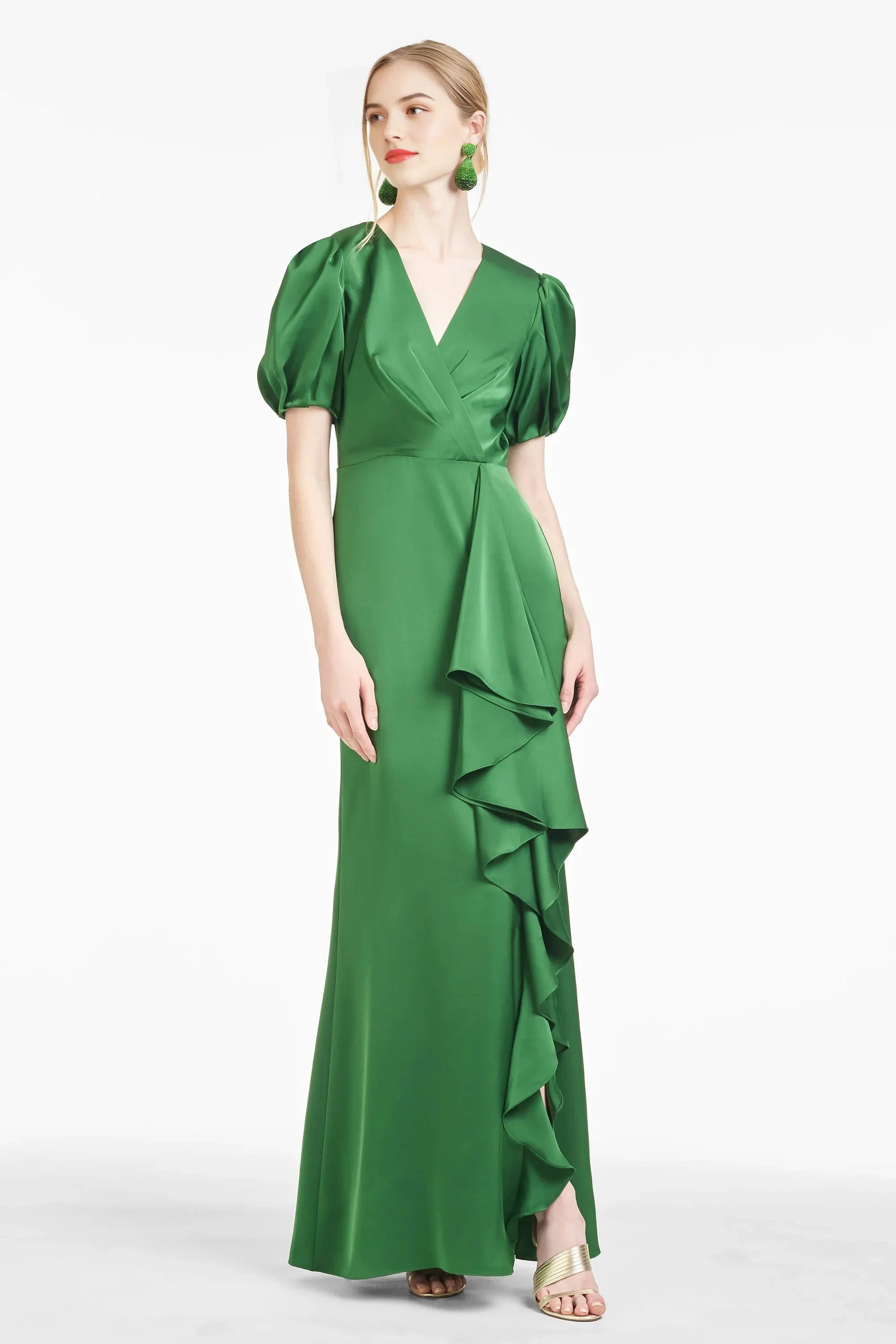 Fashion Puff Sleeve Sheath V Neck Short Sleeve Zipper Back Floor Length For Ladies Evening Dress by YiHuiw