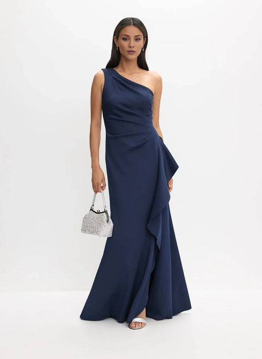 Fashion A-Line One-Shoulder Neck Sleeveless Ruffled Side-Slit Floor-Length Evening Dress by YiHuiw