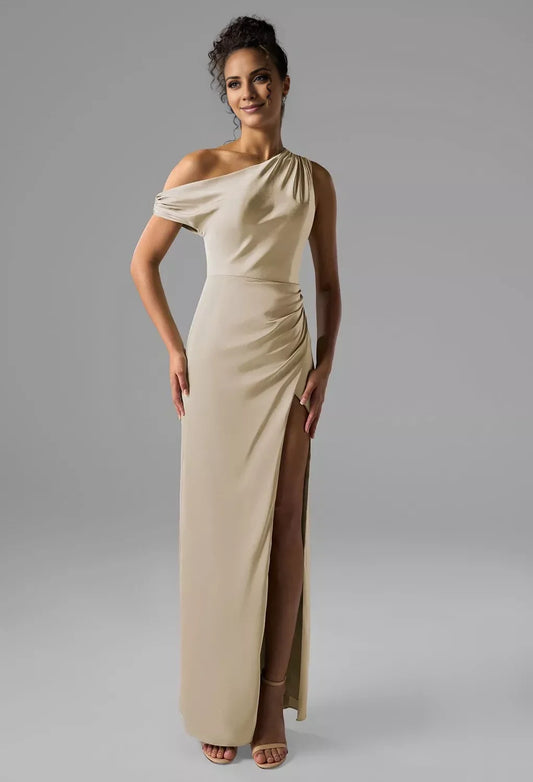 Fashion Column One Shoulder Neck Sleeveless Side Slit Back Zip Floor Length Bridesmaid Dresses