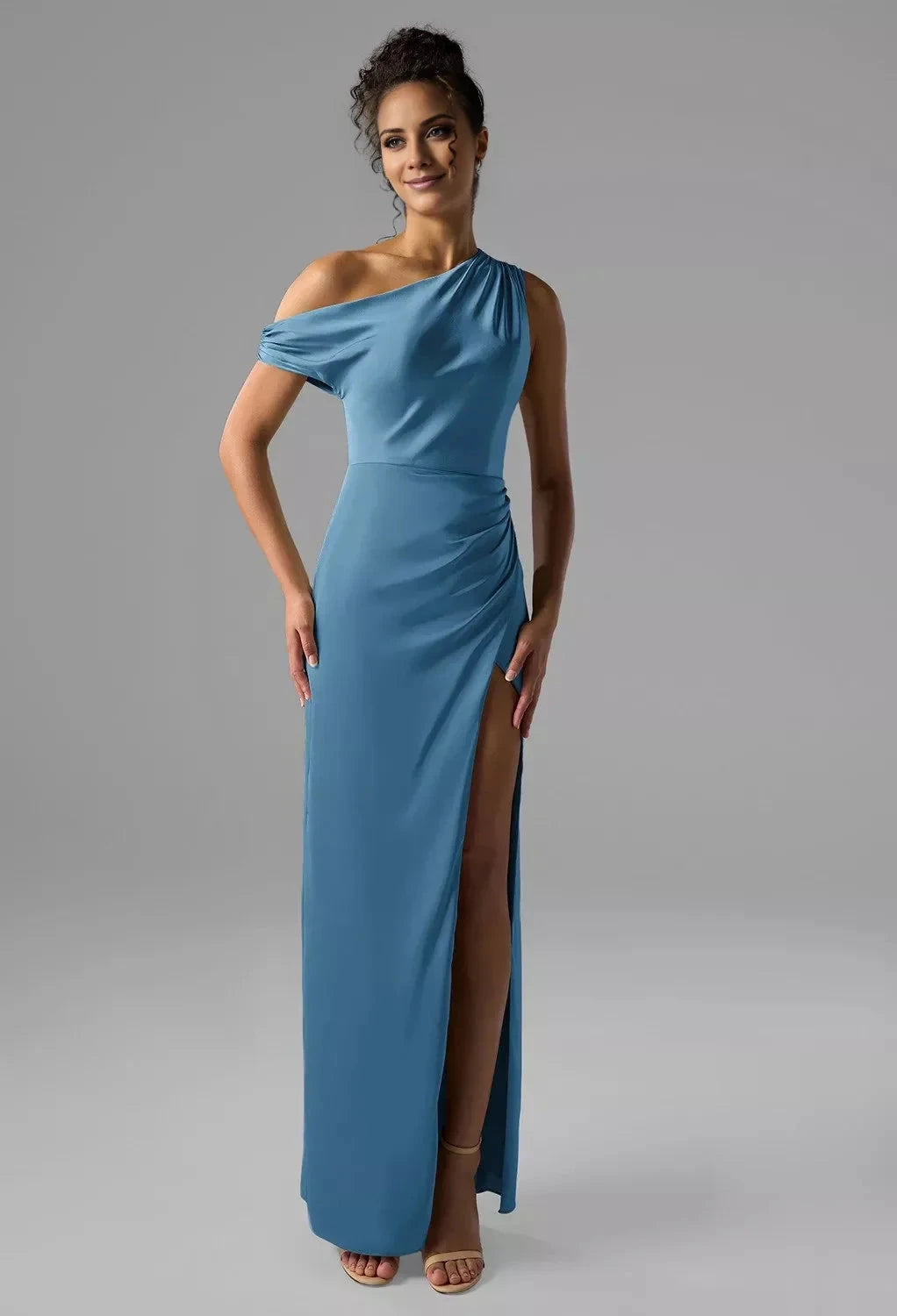 Fashion Column One Shoulder Neck Sleeveless Side Slit Back Zip Floor Length Bridesmaid Dresses by YiHuiw