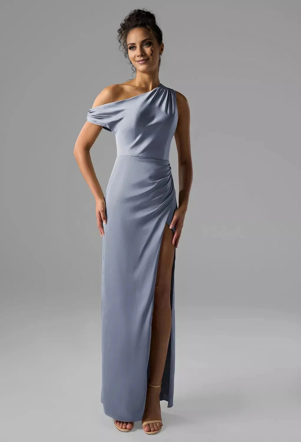 Fashion Column One Shoulder Neck Sleeveless Side Slit Back Zip Floor Length Bridesmaid Dresses by YiHuiw