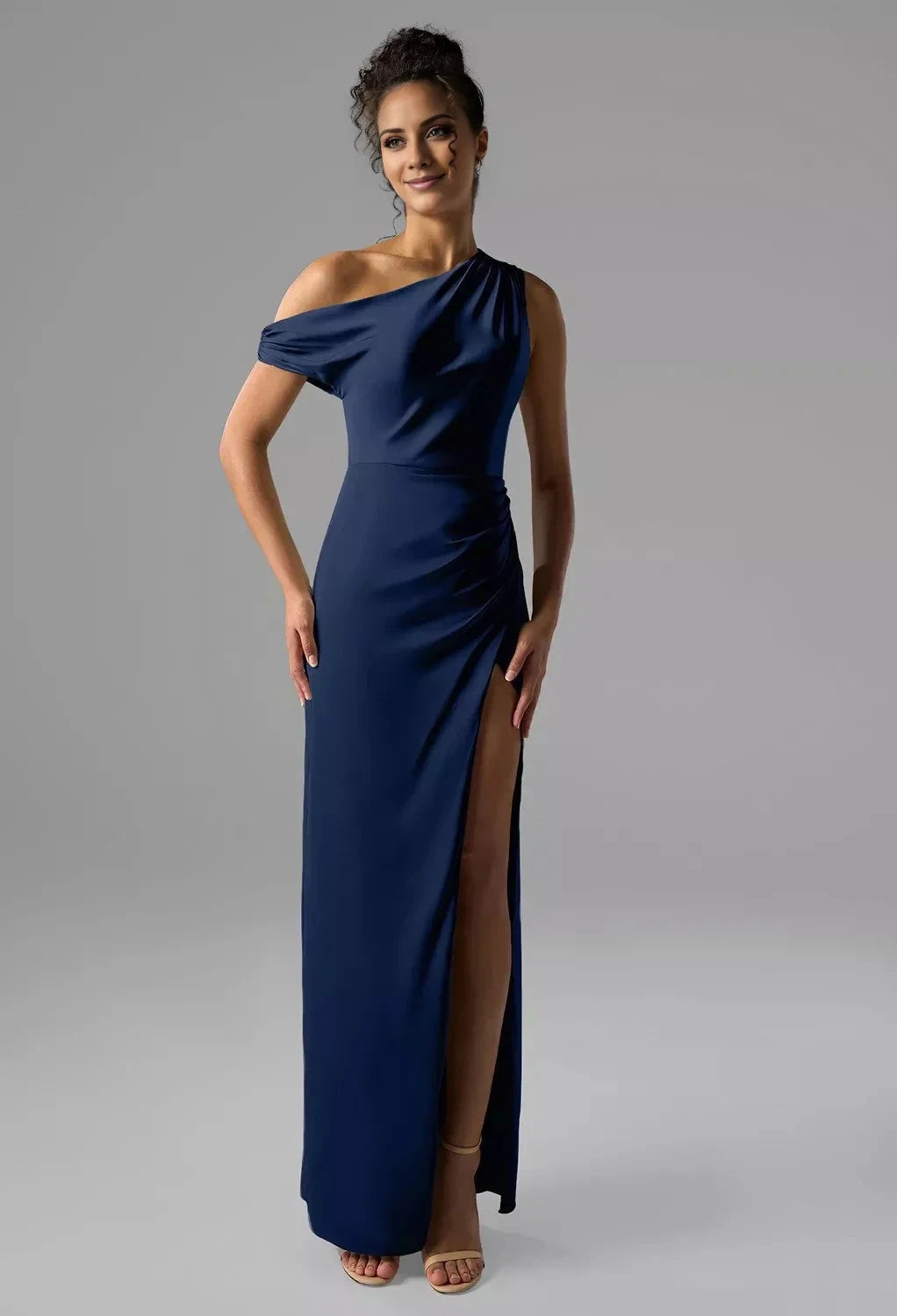 Fashion Column One Shoulder Neck Sleeveless Side Slit Back Zip Floor Length Bridesmaid Dresses by YiHuiw