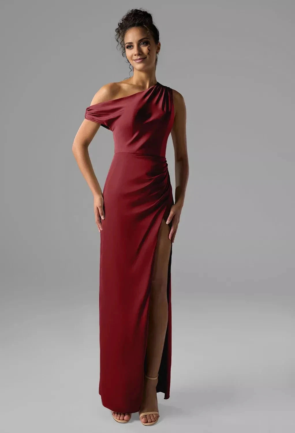 Fashion Column One Shoulder Neck Sleeveless Side Slit Back Zip Floor Length Bridesmaid Dresses by YiHuiw