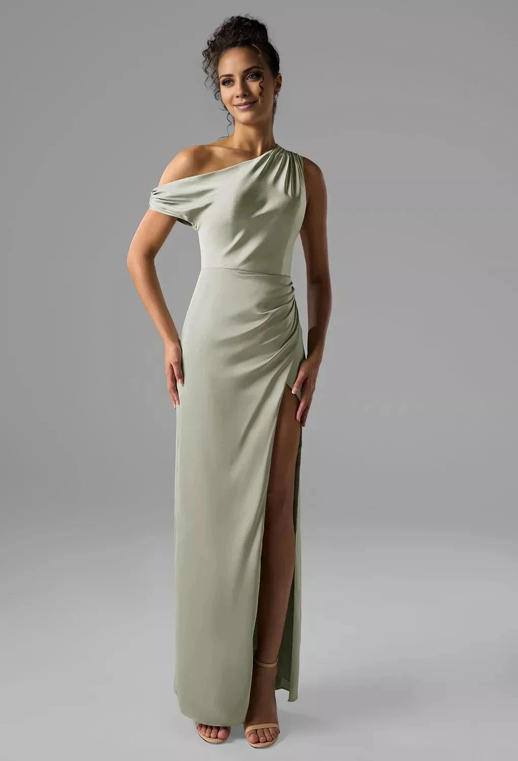 Fashion Column One Shoulder Neck Sleeveless Side Slit Back Zip Floor Length Bridesmaid Dresses by YiHuiw