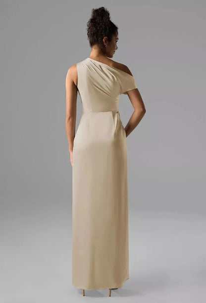 Fashion Column One Shoulder Neck Sleeveless Side Slit Back Zip Floor Length Bridesmaid Dresses by YiHuiw