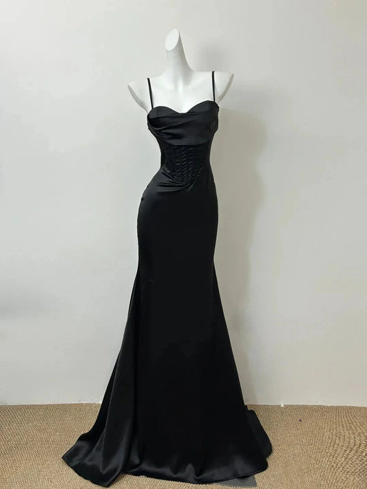 Fashion Elegant Spaghetti Strap Long Satin Floor Length Ball Gown Evening Gown Prom Dress simple gentle atmospheric and unique desi Bring summer colors to enhance whiteness by YiHuiw