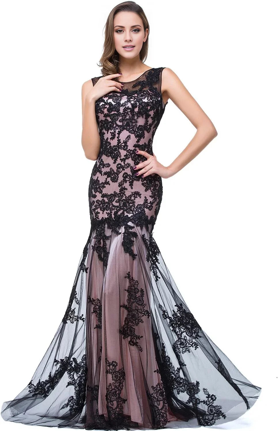 Fashion Lace Illusion Neckline Sleeveless Back Zip Mermaid Floor-Length Mother of the Bride Dress