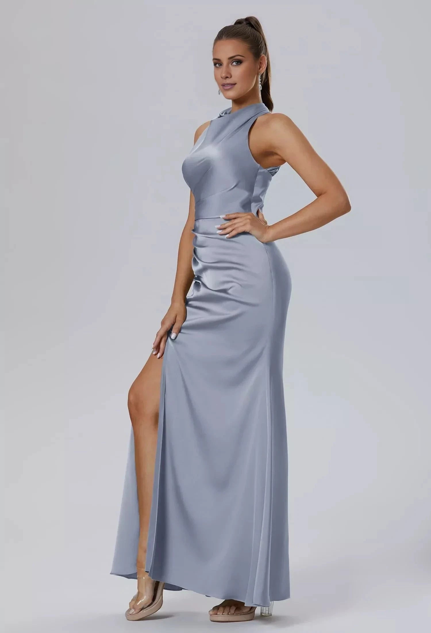 Fashion Mermaid Bateau Neck Sleeveless Side Slit Back Zip Floor Length Bridesmaid Dresses by YiHuiw