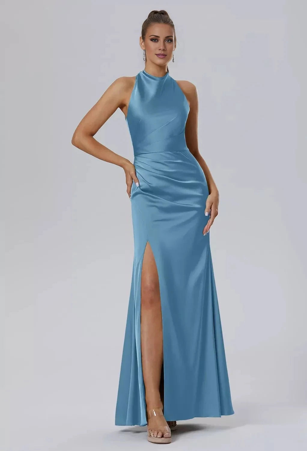 Fashion Mermaid Bateau Neck Sleeveless Side Slit Back Zip Floor Length Bridesmaid Dresses by YiHuiw