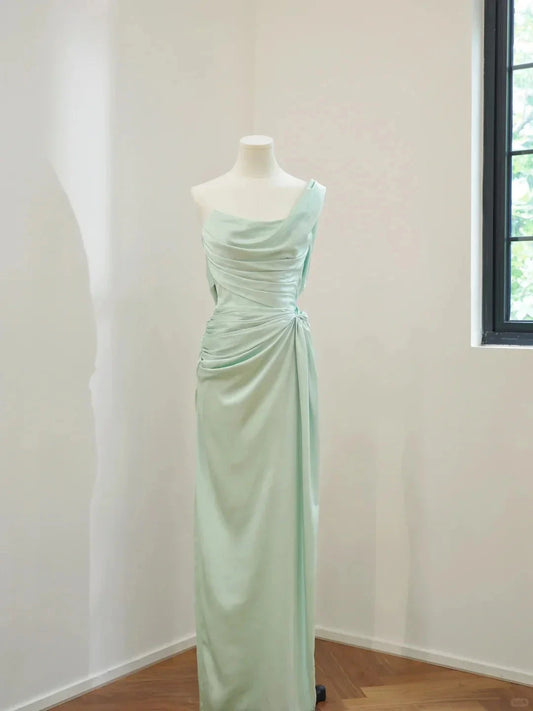 Fashion One Shoulder Off Shoulder Long Satin Prom Dress Evening Dress Party Dress Bridesmaid Dress simple gentle atmospheric and unique desi Bring summer colors to enhance whiteness by YiHuiw