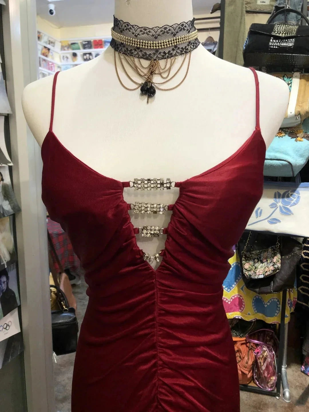 Fashion Retro Elegant Exquisite Rhinestone Spaghetti Straps Long Satin Sexy Backless Prom simple gentle atmospheric and unique desi Bring summer colors to enhance whiteness by YiHuiw