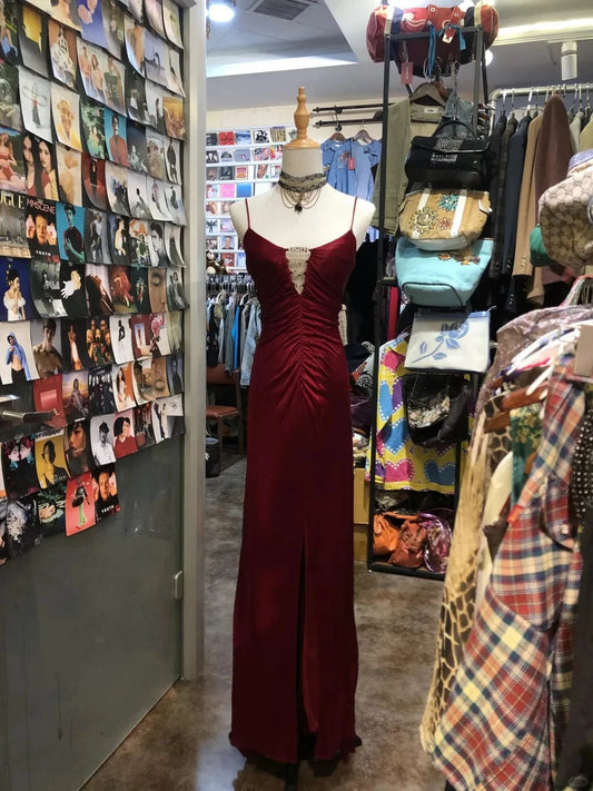 Fashion Retro Elegant Exquisite Rhinestone Spaghetti Straps Long Satin Sexy Backless Prom simple gentle atmospheric and unique desi Bring summer colors to enhance whiteness by YiHuiw