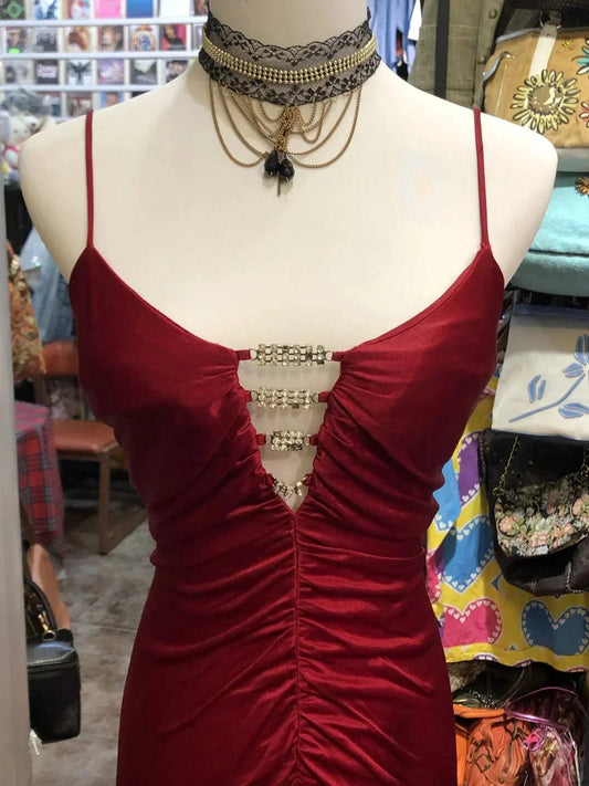 Fashion Retro Elegant Exquisite Rhinestone Spaghetti Straps Long Satin Sexy Backless Prom simple gentle atmospheric and unique desi Bring summer colors to enhance whiteness by YiHuiw