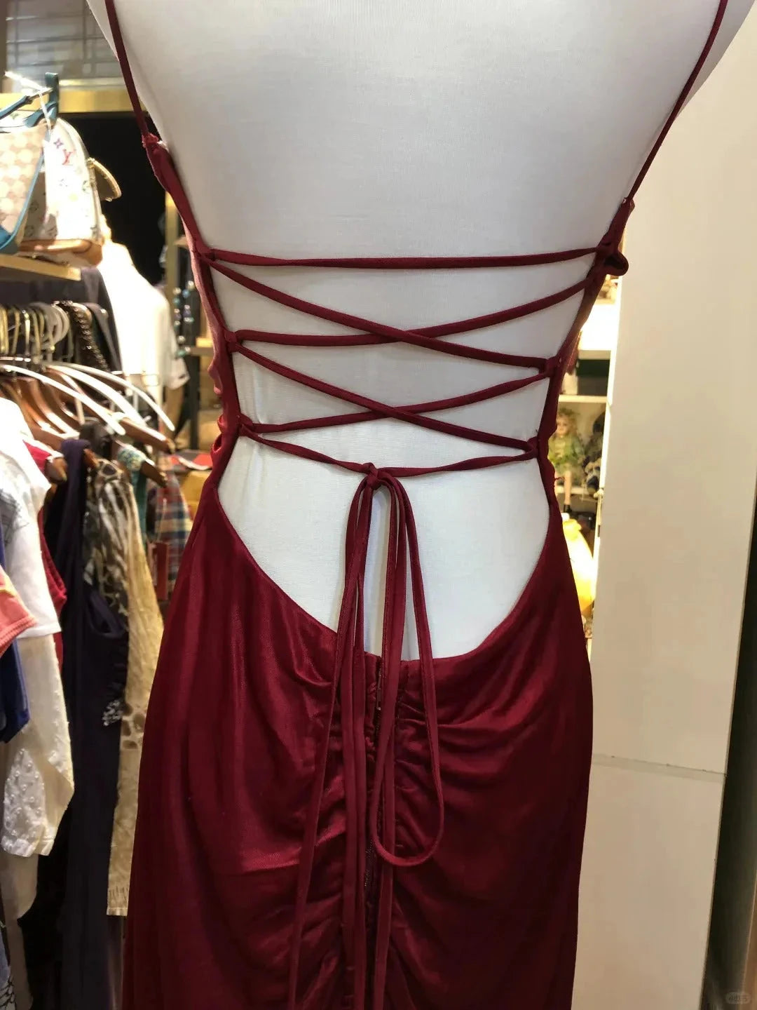Fashion Retro Elegant Exquisite Rhinestone Spaghetti Straps Long Satin Sexy Backless Prom simple gentle atmospheric and unique desi Bring summer colors to enhance whiteness by YiHuiw
