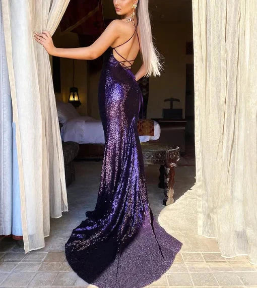 Fashion Sexy Shiny Backless Halter Long Floor Length Train Sequined Ball Gown Evening Gown simple gentle atmospheric and unique desi Bring summer colors to enhance whiteness by YiHuiw