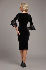 Fashionable Velvet V-Neck Lace Ruffled Sleeve Back Zip Sheath Midi Mother of the Bride Dress