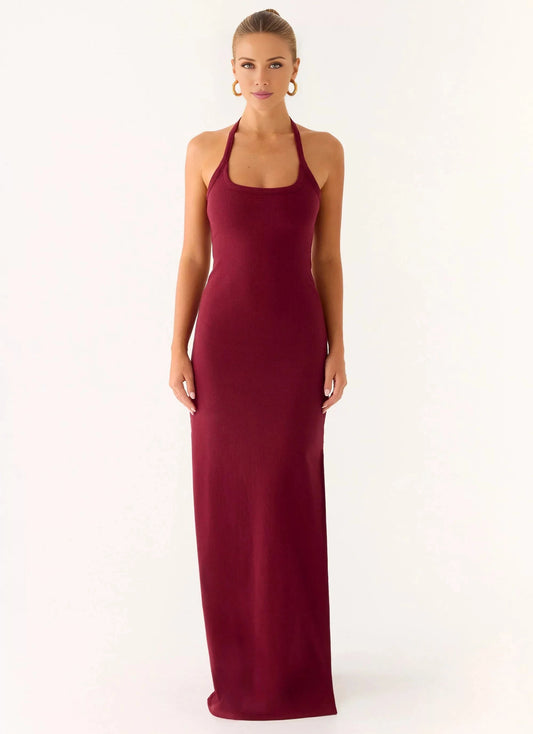 Feminine Sheath Halter Neck Sleeveless Back Zip Side-Slit Floor-Length Prom Dress by YiHuiw