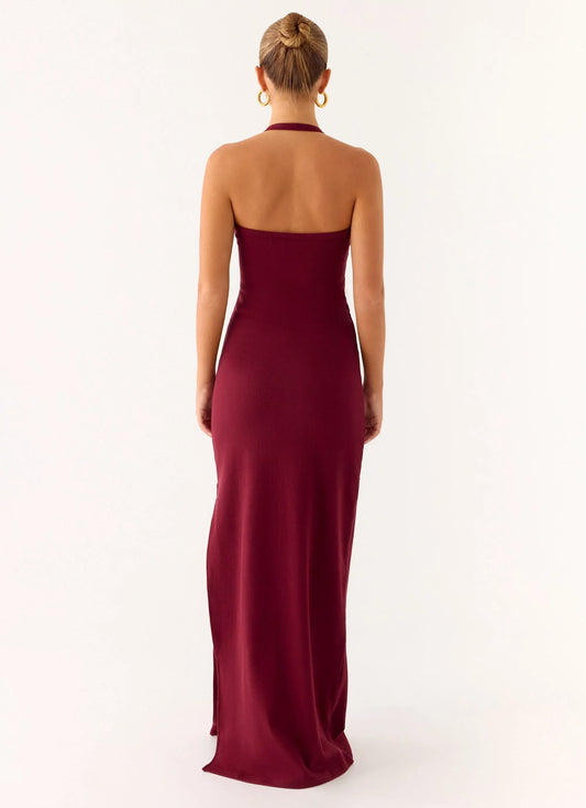 Feminine Sheath Halter Neck Sleeveless Back Zip Side-Slit Floor-Length Prom Dress