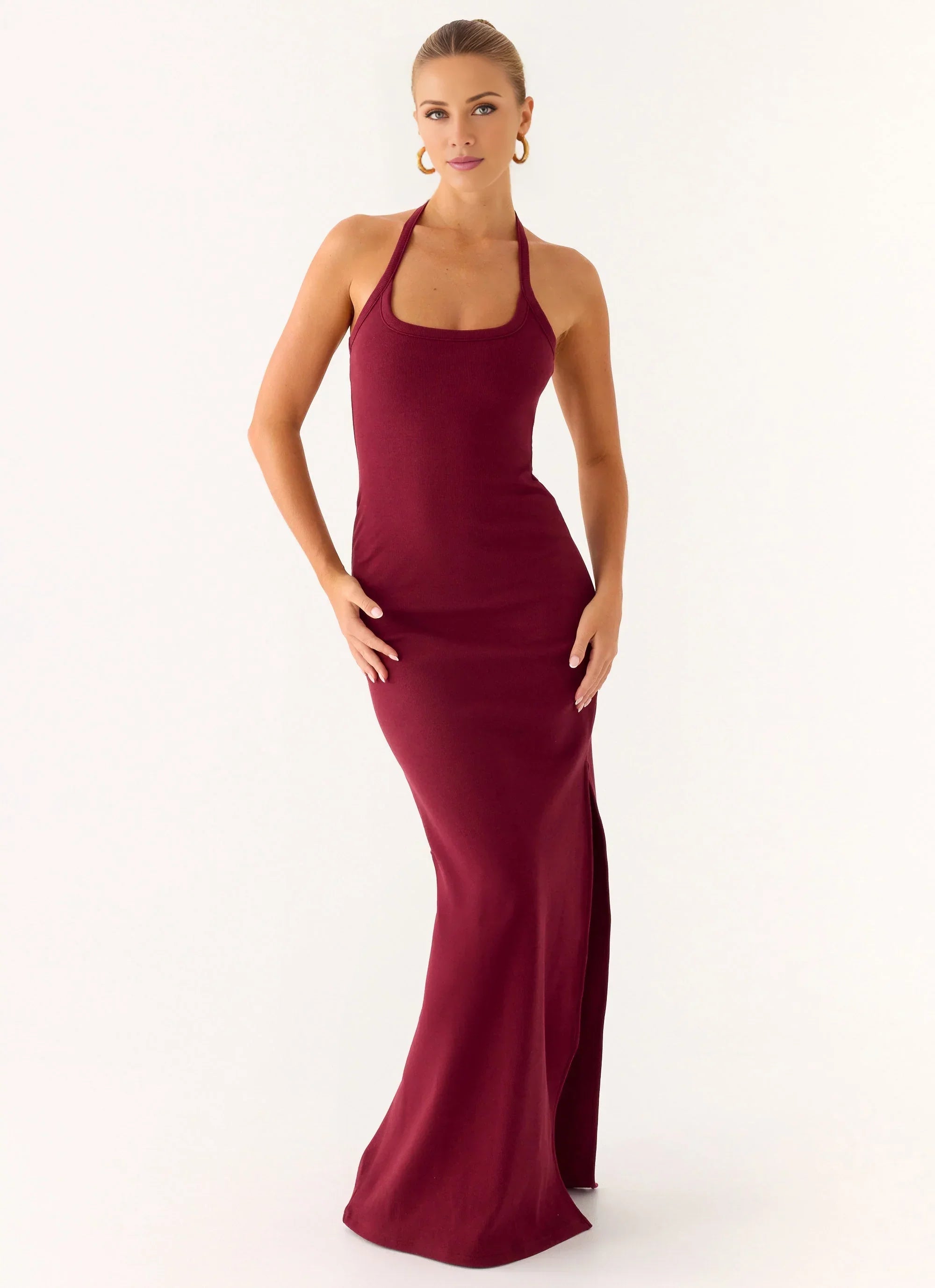 Feminine Sheath Halter Neck Sleeveless Back Zip Side-Slit Floor-Length Prom Dress