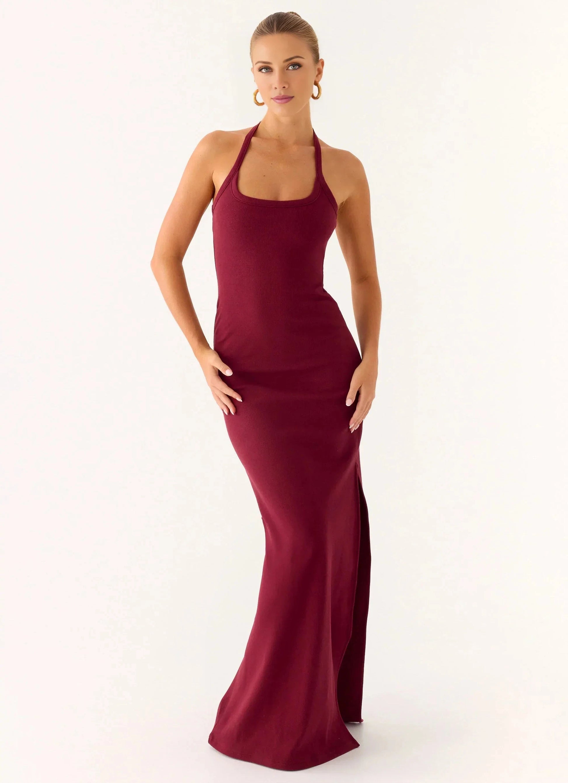 Feminine Sheath Halter Neck Sleeveless Back Zip Side-Slit Floor-Length Prom Dress by YiHuiw