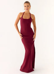 Feminine Sheath Halter Neck Sleeveless Back Zip Side-Slit Floor-Length Prom Dress