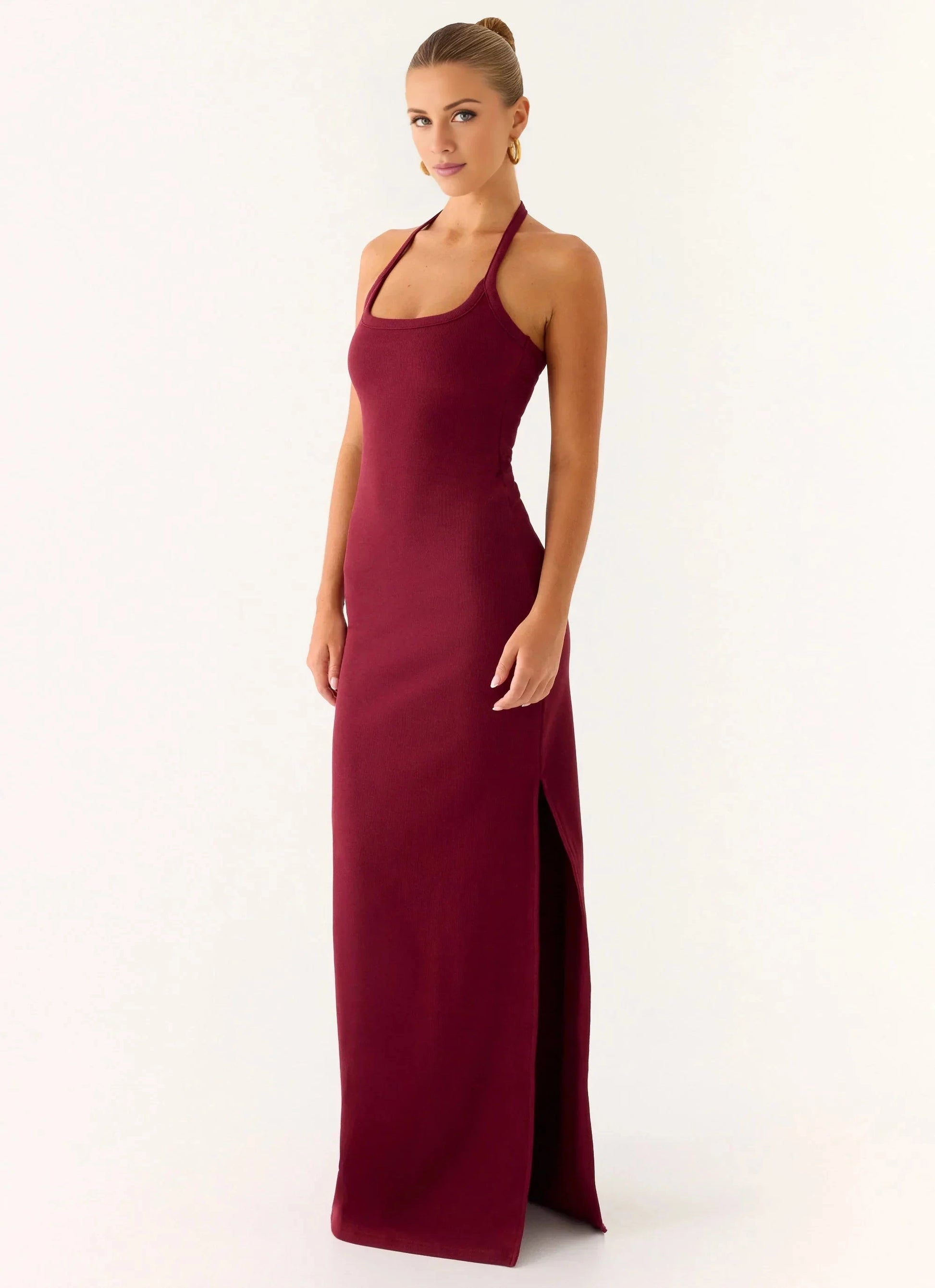 Feminine Sheath Halter Neck Sleeveless Back Zip Side-Slit Floor-Length Prom Dress by YiHuiw