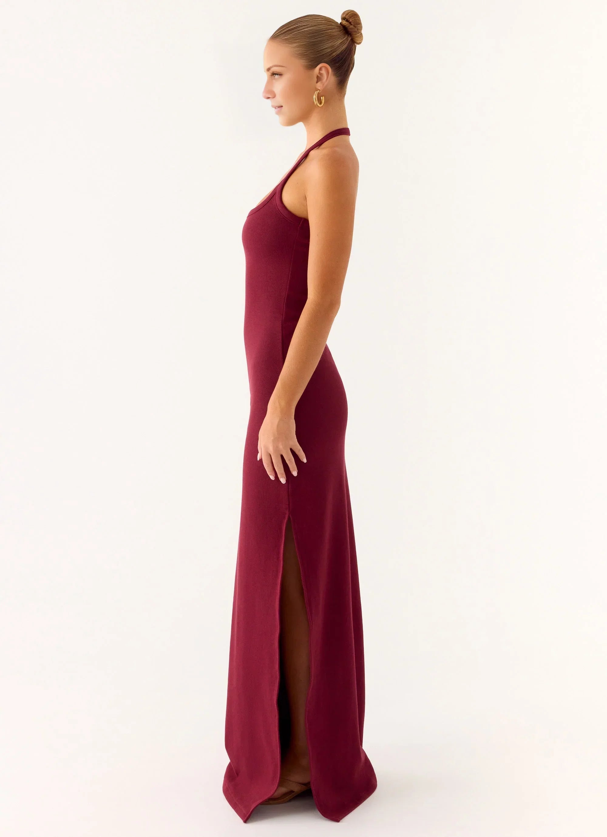 Feminine Sheath Halter Neck Sleeveless Back Zip Side-Slit Floor-Length Prom Dress
