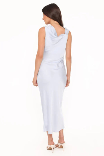 Cowl Neck Satin Sleeveless Midi Wedding Dress - Yihuiw by Yihuiw