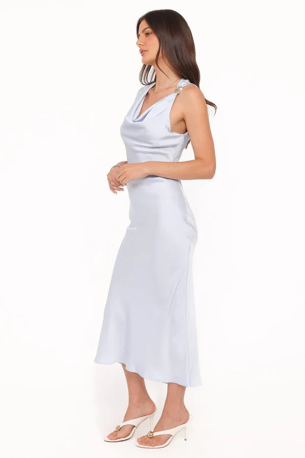 Cowl Neck Satin Sleeveless Midi Wedding Dress - Yihuiw by Yihuiw