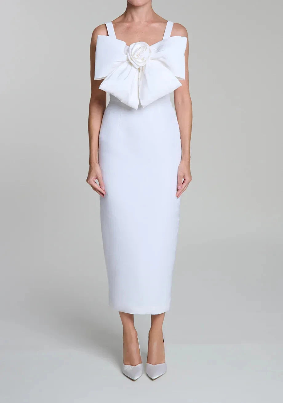 Flower Bow Sheath Square Neck Sleeveless Zipper Back Midi Length For Women Evening Dress by YiHuiw