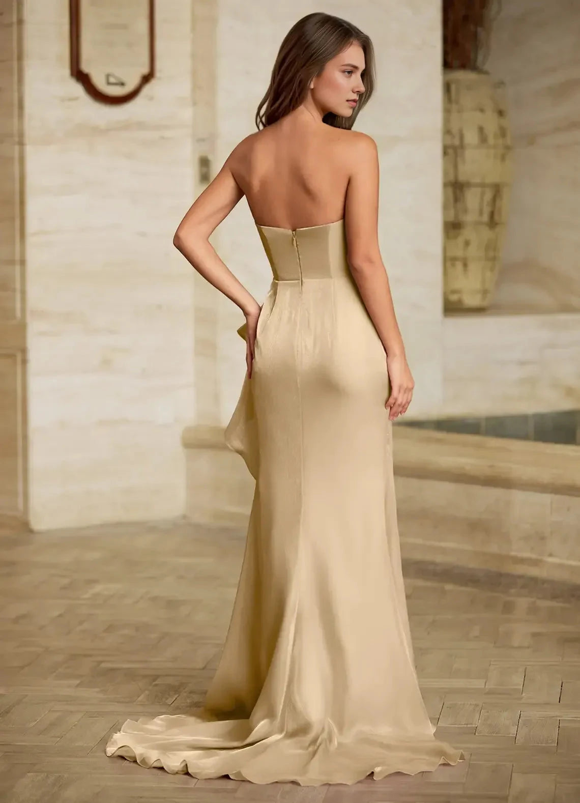 Flowing Mermaid Sweetheart Neck Strapless Open Back Ruffled High Slit Floor Length Female Evening Dress by YiHuiw