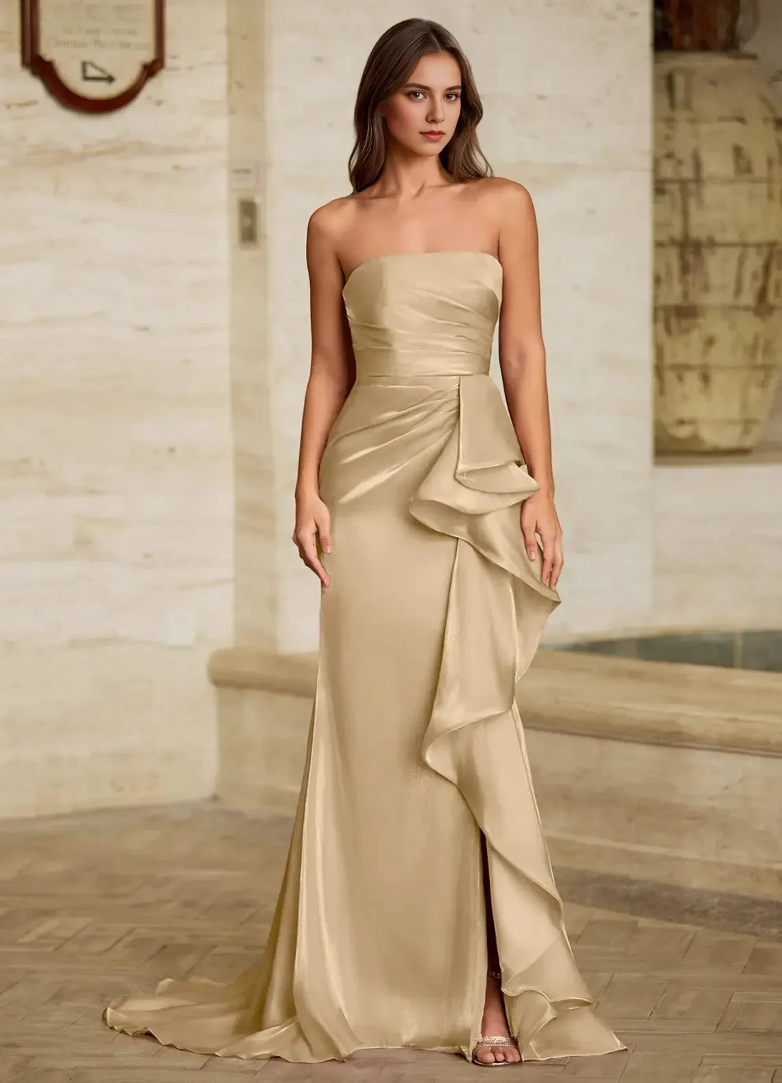 Flowing Mermaid Sweetheart Neck Strapless Open Back Ruffled High Slit Floor Length Female Evening Dress by YiHuiw