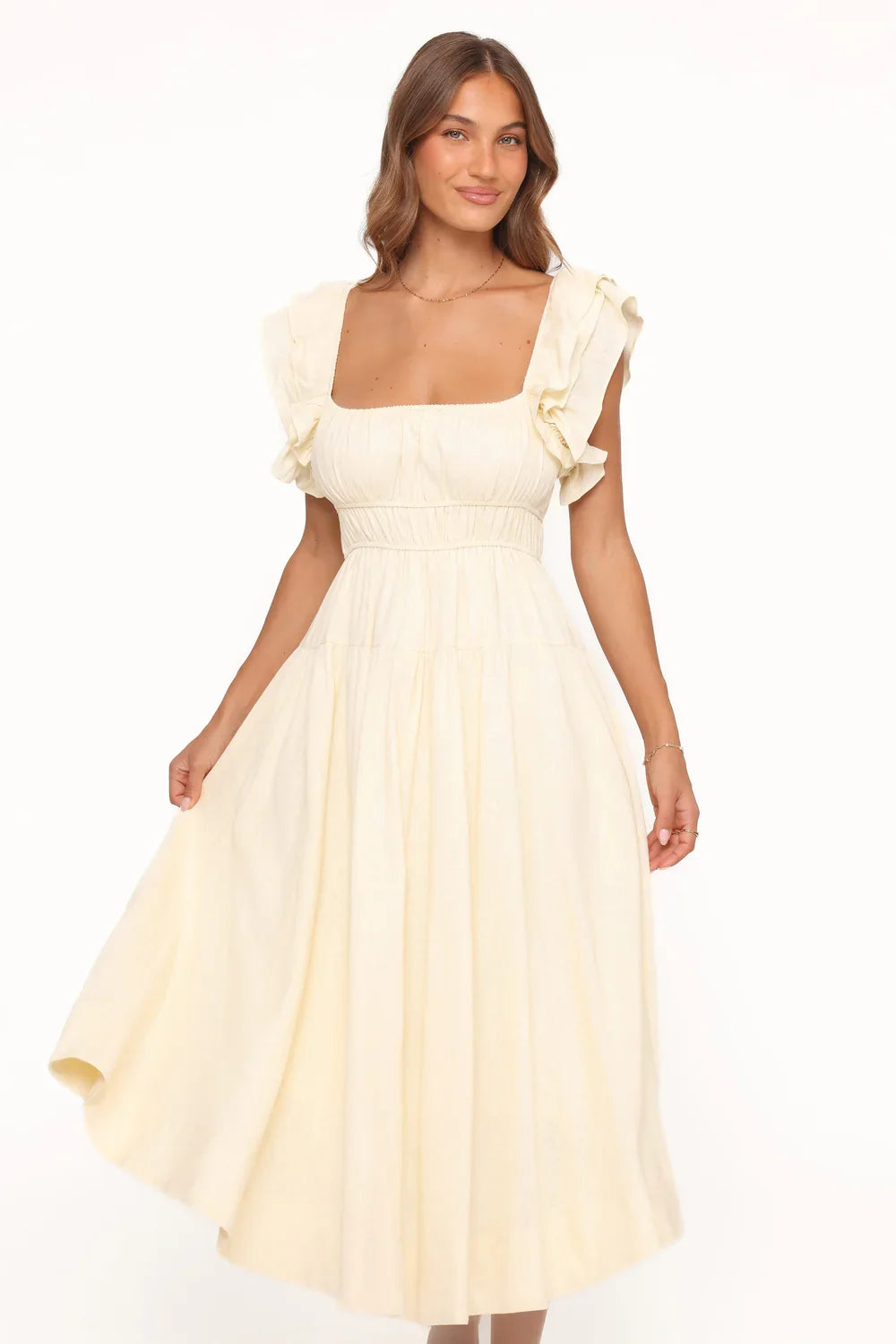 A-Line Square Neck Ruffled Midi Wedding Dress - Yihuiw by Yihuiw