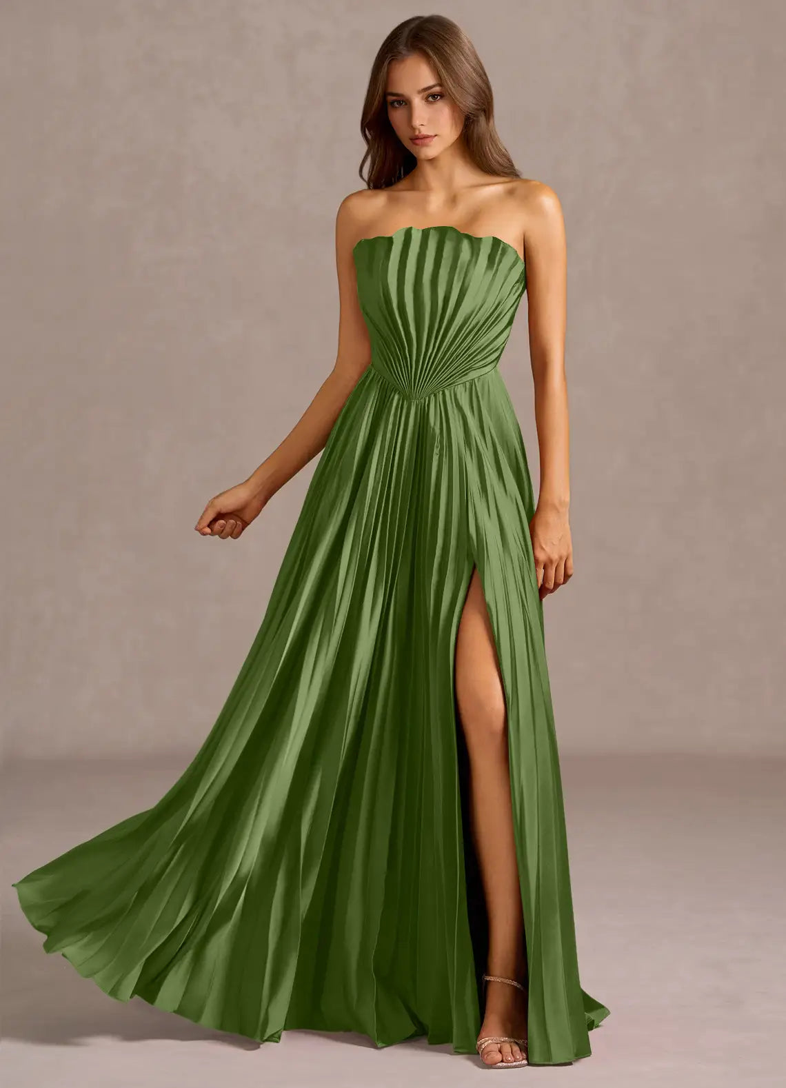 Green Strapless Satin High Slit Floor-Length Wedding Dress - Yihuiw by Yihuiw