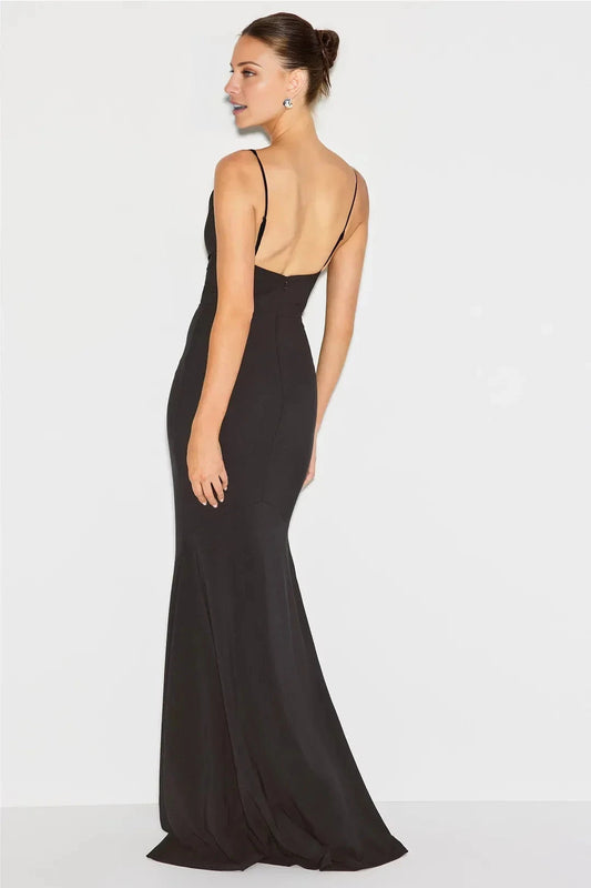 Formal Black Cowl Neck Sleeveless Spaghetti Strap Open-Back Mermaid Floor-Length Evening Dress by YiHuiw