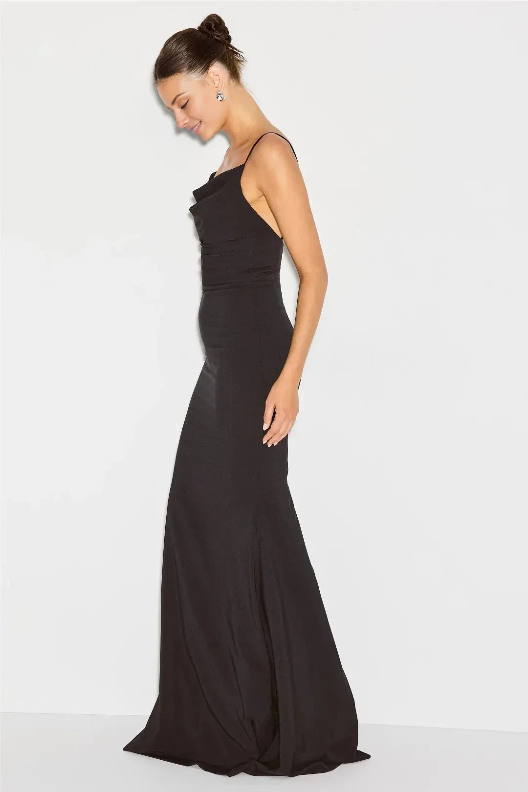 Formal Black Cowl Neck Sleeveless Spaghetti Strap Open-Back Mermaid Floor-Length Evening Dress by YiHuiw