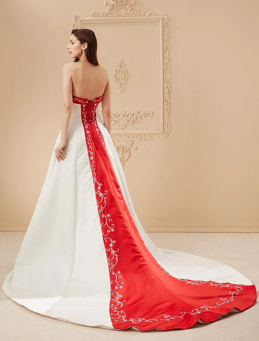 Red A-Line Strapless Satin Train Wedding Dress - Yihuiw by Yihuiw