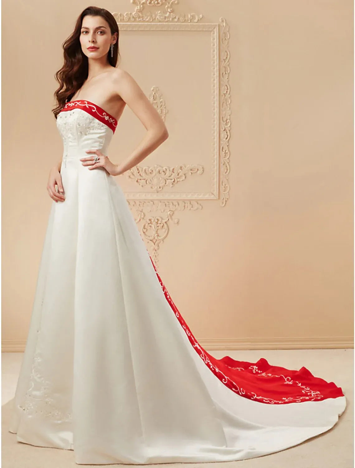 Red A-Line Strapless Satin Train Wedding Dress - Yihuiw by Yihuiw