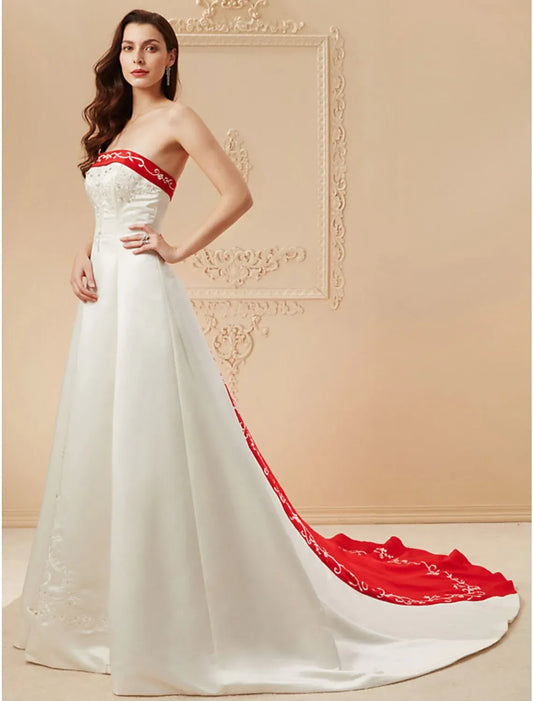 Red A-Line Strapless Satin Train Wedding Dress - Yihuiw by Yihuiw