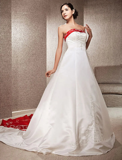 Red A-Line Strapless Satin Train Wedding Dress - Yihuiw by Yihuiw