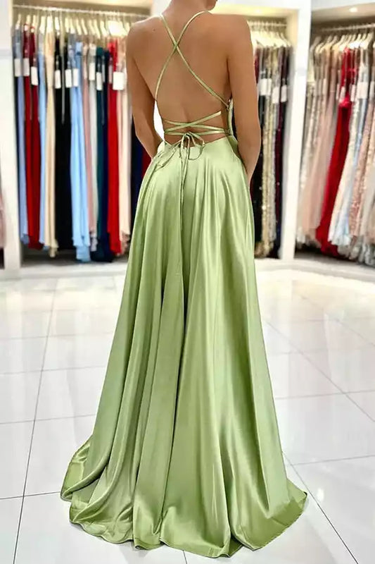 Fresh Sage Green Satin A-Line Dress with Square Neck & Lace-Up Back