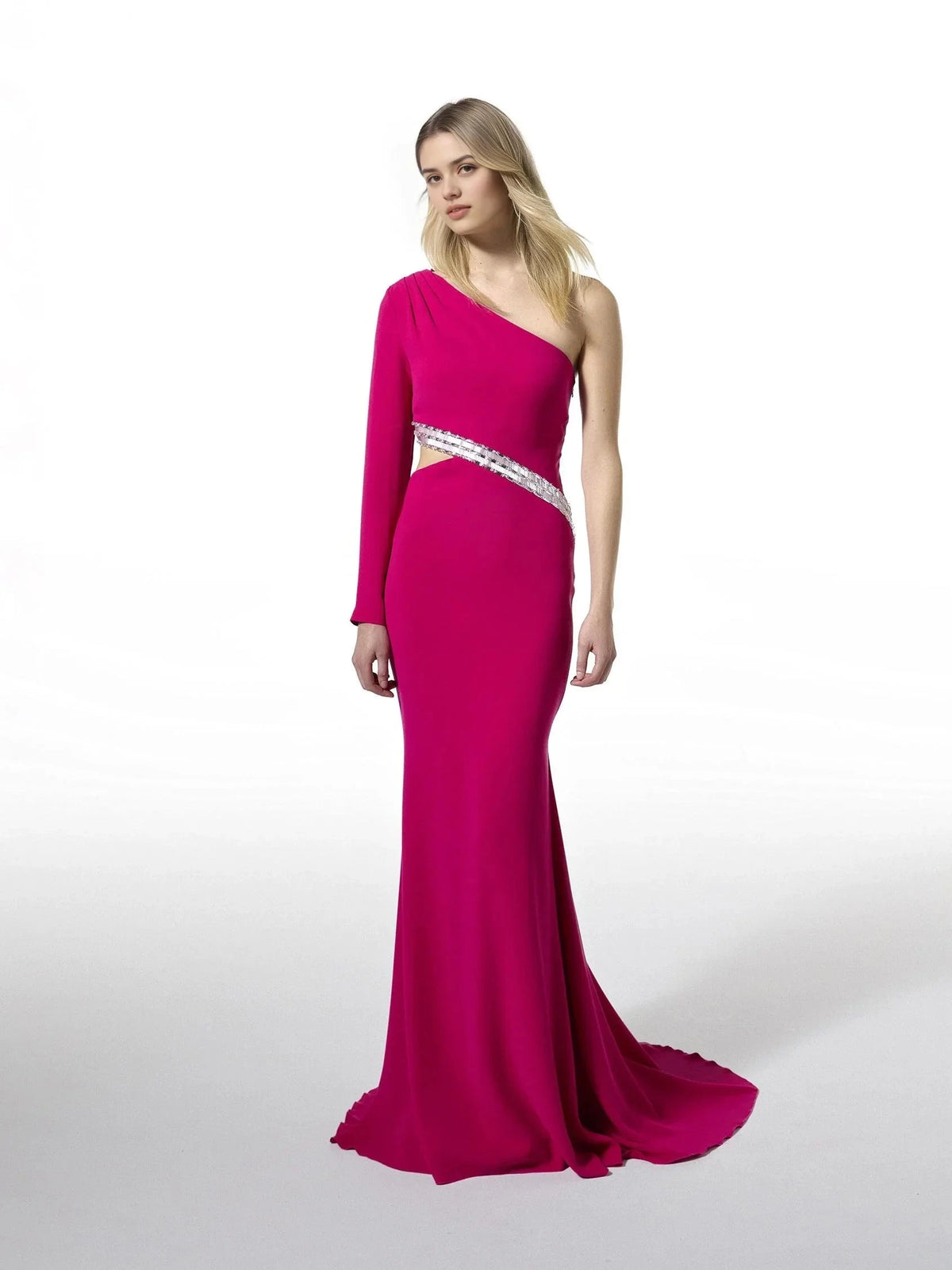 Fuchsia One-Shoulder Cutout Maxi Dress with Crystal Detail Mermaid party dress in crepe with an asymmetrical neckline Bridesmaid Dresses by YiHuiw