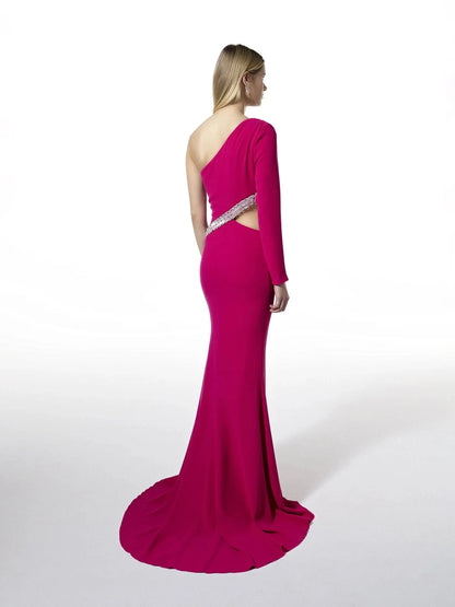 Fuchsia One-Shoulder Cutout Maxi Dress with Crystal Detail Mermaid party dress in crepe with an asymmetrical neckline Bridesmaid Dresses by YiHuiw