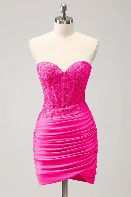 Strapless Sweetheart Corset Satin Bodycon Mini Homecoming Dress with Ruched Skirt and Asymmetrical Hem