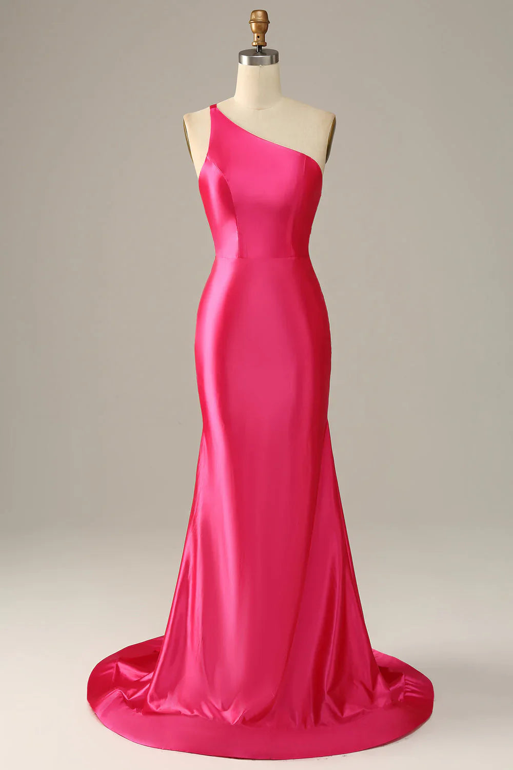 Hot Pink Satin Mermaid Prom Dress with One-Shoulder Neckline and Open Back – Elegant Formal Evening Gown