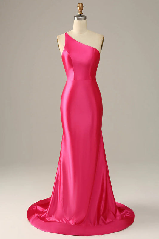 Hot Pink Satin Mermaid Prom Dress with One-Shoulder Neckline and Open Back – Elegant Formal Evening Gown