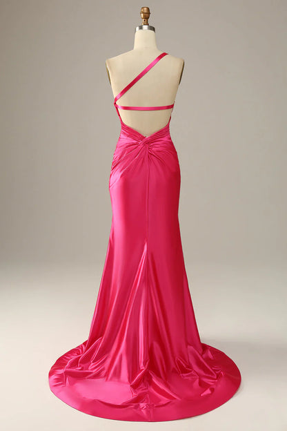 Hot Pink Satin Mermaid Prom Dress with One-Shoulder Neckline and Open Back – Elegant Formal Evening Gown